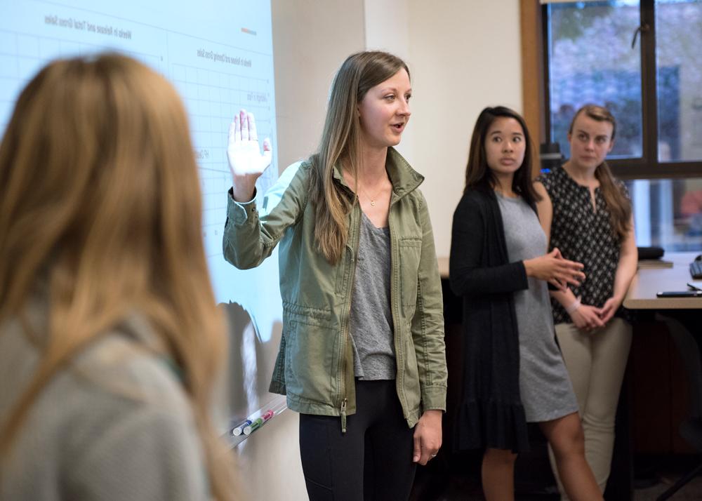 A student in a graduate class giving a presentation