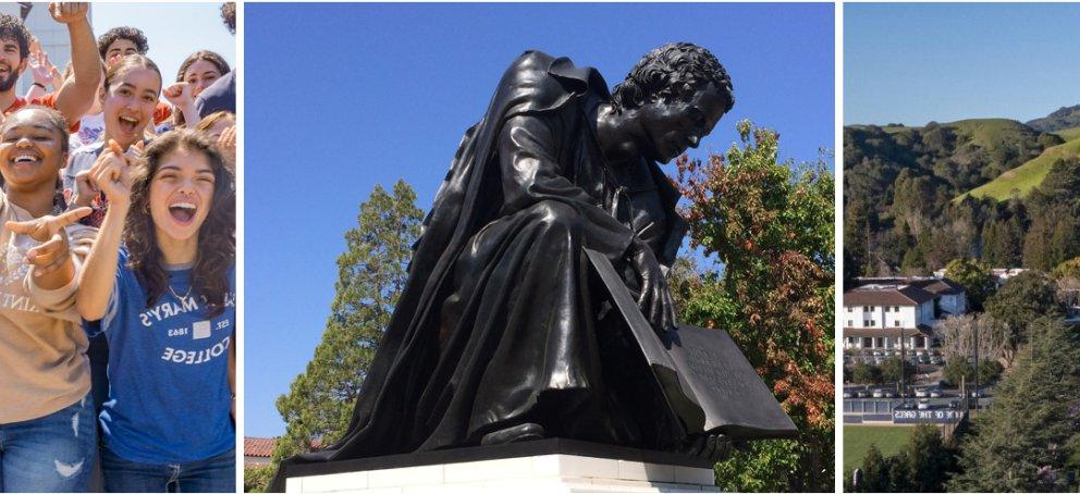 campus statue and students at SMC